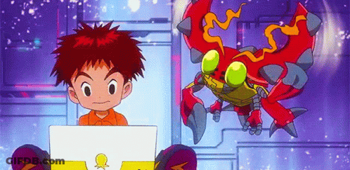Boy Sitting In Front Of Laptop Red Monster Flying GIF