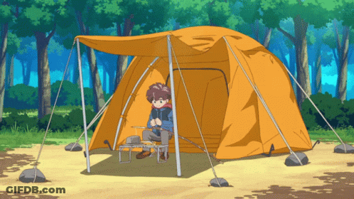 Boy Sitting In Orange Tent With Fishing Rod GIF