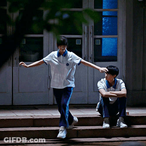 Boy Sitting On Steps Girl Standing At Door GIF