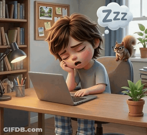 Boy Sleeping By Laptop With ZZZ Thought Bubble GIF