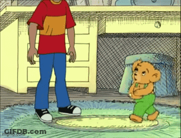 Boy Standing Next To Teddy Bear GIF