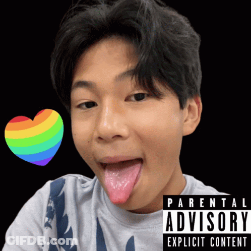 Boy Sticking Tongue Out In Front Of Parental Advisory Explicit Content Poster GIF
