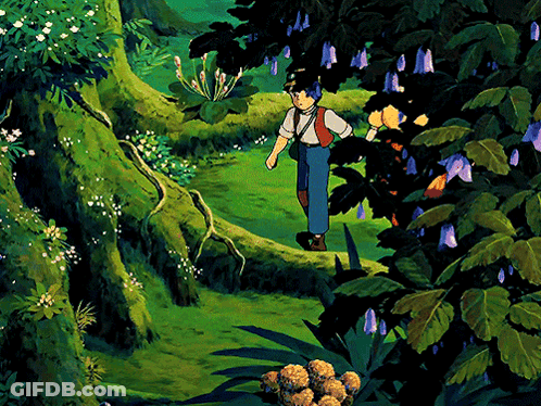 Boy Walking Through Lush Green Forest With Purple Flowers GIF