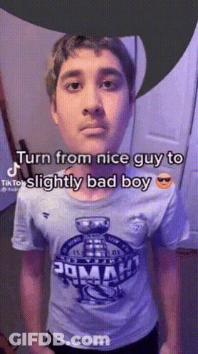 Boy Wearing T-Shirt Turn From Nice Guy To Slightly Bad Boy GIF