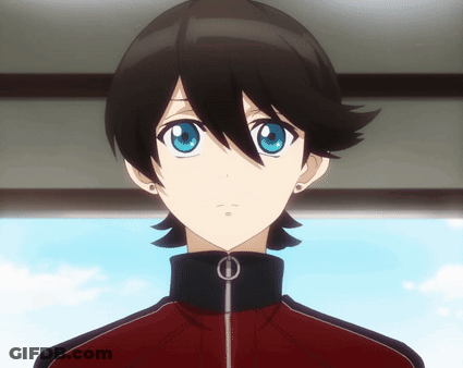 Boy With Black Hair And Blue Eyes In Red Zipper Jacket GIF