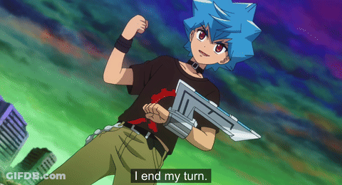 Boy With Blue Hair And Black Shirt Says I End My Turn GIF