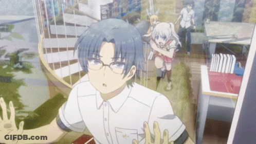 Boy With Blue Hair And Glasses In Front Of Girl GIF