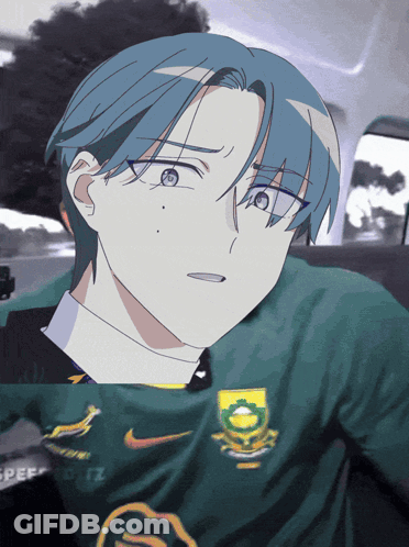 Boy With Blue Hair And Green Shirt Saying Nike GIF