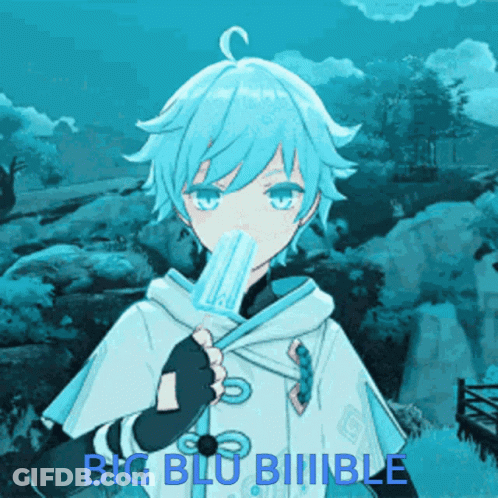 Boy With Blue Hair Eating Popsicle, Words Big Blu Biiiible GIF
