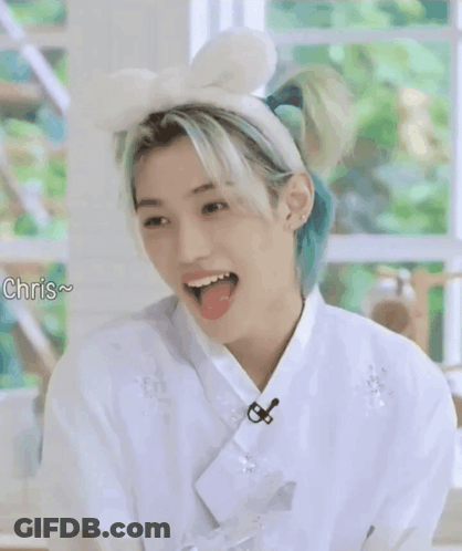 Boy With Blue Hair In White Shirt And Bunny Ear Headband GIF