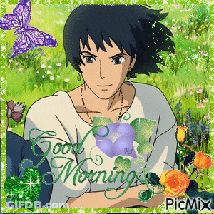 Boy With Flowers And Butterflies Good Morning GIF
