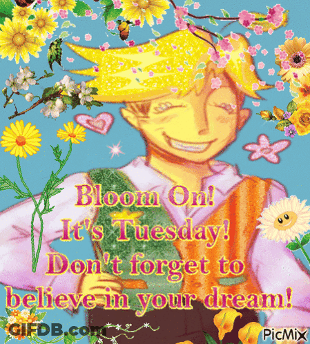Boy With Flowers Saying Bloom On GIF