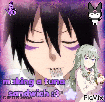 Boy With Fork In Mouth Making Tuna Sandwich GIF