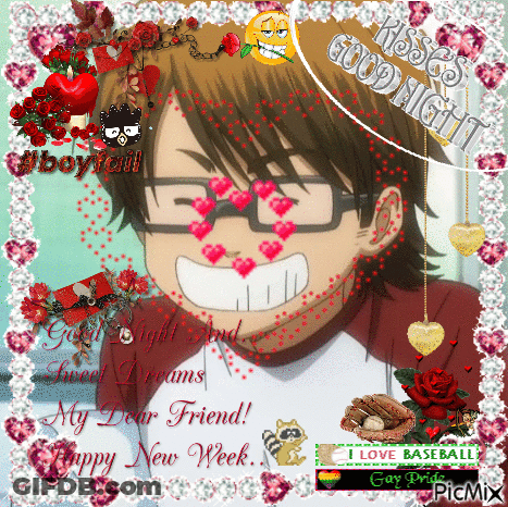 Boy With Glasses And Hearts Says Kisses Good Night GIF