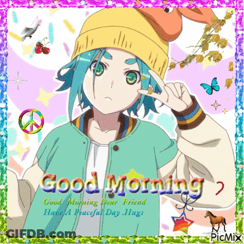 Boy With Green Hair Making Peace Sign GIF