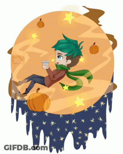 Boy With Green Hair Sitting On Pumpkin Holding Cup GIF