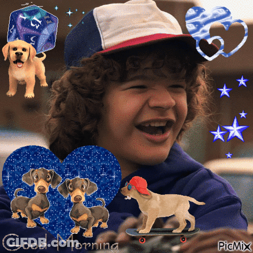 Boy With Hat And Dachshund On Skateboard Saying Good Morning GIF