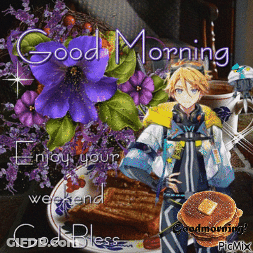 Boy With Pancakes And Flowers Says Good Morning GIF