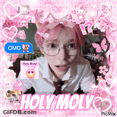 Boy With Pink Hair And Glasses Surrounded By Hearts And Flowers GIF