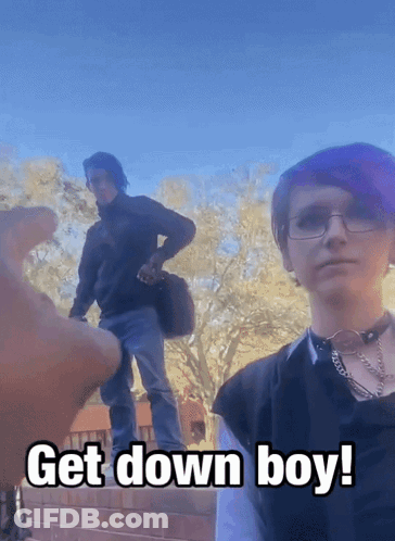 Boy With Purple Hair And Glasses Next To Man Saying Get Down Boy GIF