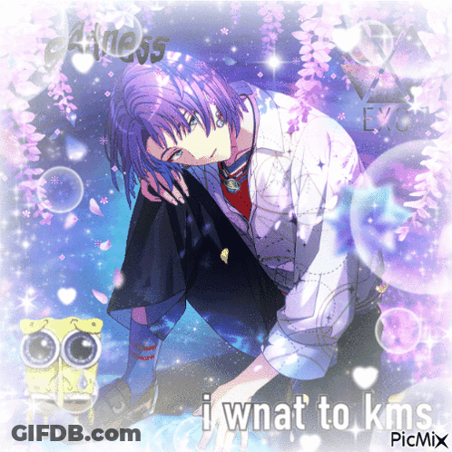 Boy With Purple Hair And KMS Text GIF