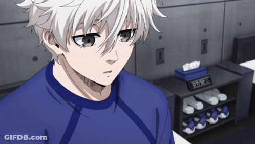 Boy With White Hair And Blue Shirt Looking GIF
