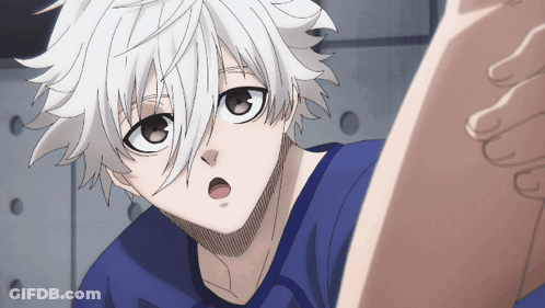 Boy With White Hair And Blue Shirt Looking GIF