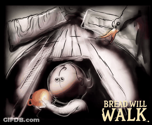 Bread Will Walk Poster Cartoon Character Holding Coffee GIF