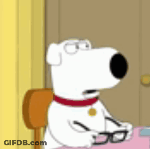Brian From Family Guy Sitting At Table With Glasses GIF