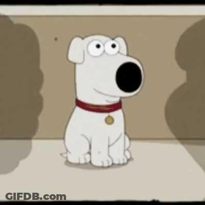 Brian From Family Guy Is Sitting On The Floor Wearing A Red Collar And Looking At The Camera . GIF