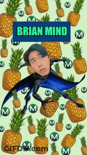 Brian Surrounded By Pineapples In Superhero Costume GIF