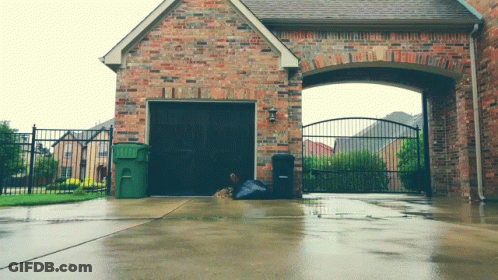 Brick House With Green And Black Trash Cans GIF