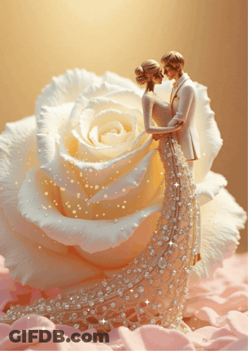 Bride And Groom Figurine Next To White Rose GIF