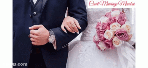 Bride And Groom Standing With Bouquet GIF