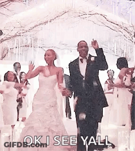 Bride And Groom Walking Down Aisle Saying Ok I See Yall GIF