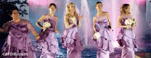 Bridesmaids In Purple Dresses Dancing By Fountain GIF