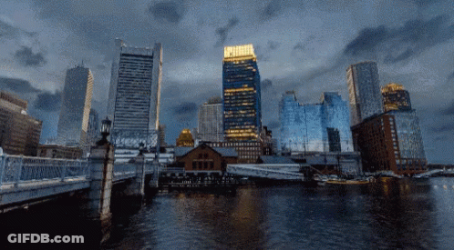 Bridge Over Water With Buildings GIF