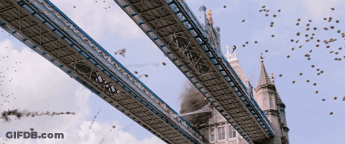Bridge With Birds Flying Over Tower GIF