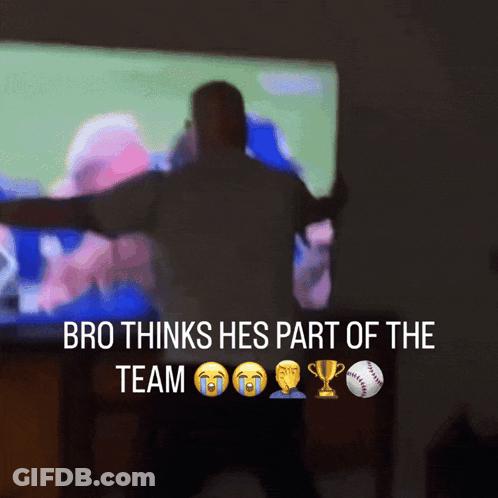 Bro Thinks He's Part Of The Team With Baseball And Trophy GIF