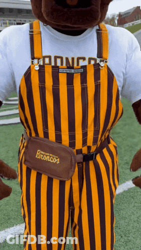 Broncos Mascot In Overalls And Brown Belt GIF