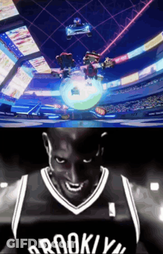 Brooklyn Nets Basketball Player Smiling In Front Of Video Game GIF