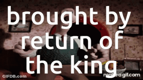 Brought By Return Of The King Is Written In White Letters On A Dark Background GIF