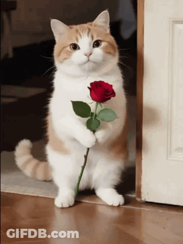 Brown And White Cat Holding Rose GIF