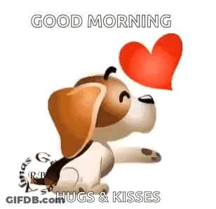 Brown And White Dog Blowing Red Heart Saying Good Morning Hugs & Kisses GIF