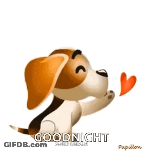 Brown And White Dog Holding Red Heart Saying Goodnight GIF
