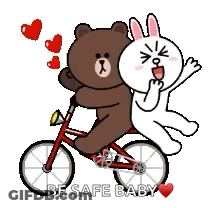 Brown Bear And White Bunny Riding Bicycle GIF