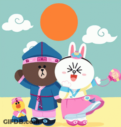 Brown Bear And White Rabbit In Korean Clothing GIF