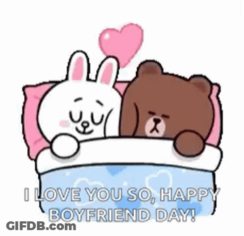 Brown Bear And White Rabbit Laying In Bed With Heart Balloon GIF