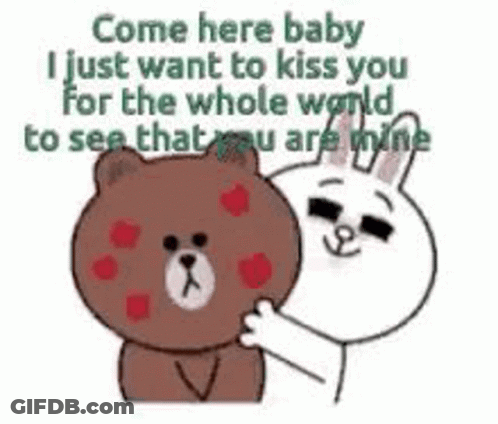 Brown Bear And White Rabbit Standing Next To Each Other Kissing GIF