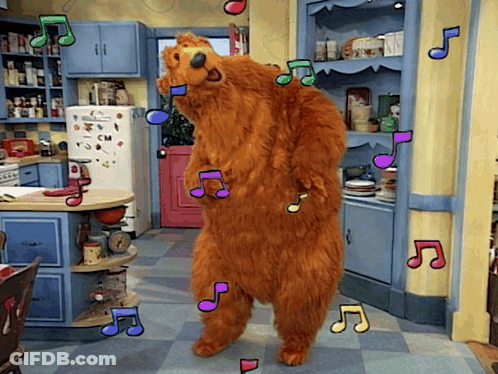 Brown Bear Dancing In Kitchen With Music Notes GIF